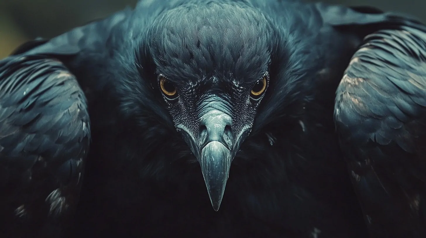 Close-up of a black bird with intense yellow eyes and a sharp beak, displaying a powerful and intimidating stare