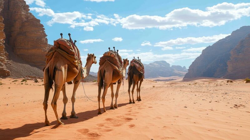 line of camels carrying supplies on their backs walks through a sandy desert surrounded by towering rock formations under a bright blue sky