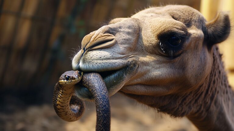 close-up of a camel's face gently holding a snake in its mouth, highlighting an unusual interaction between the two animals