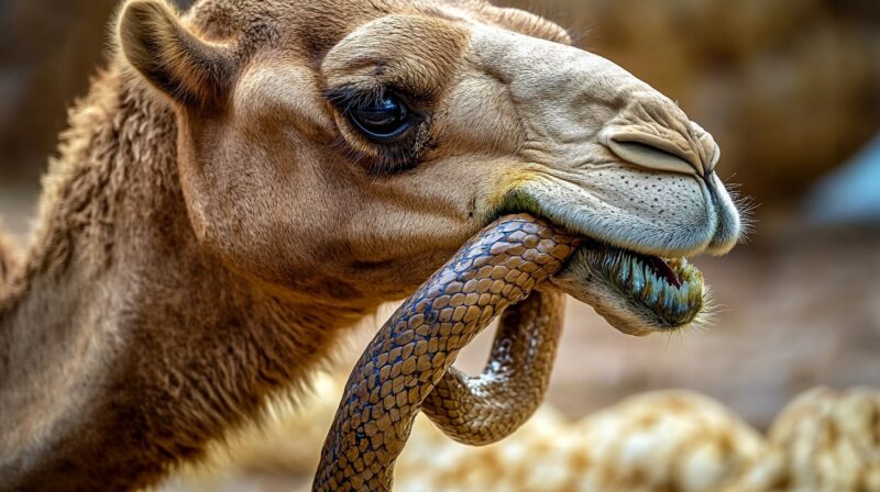 close-up of a camel's face gently holding a snake in its mouth, illustrating a unique interaction between the two animals