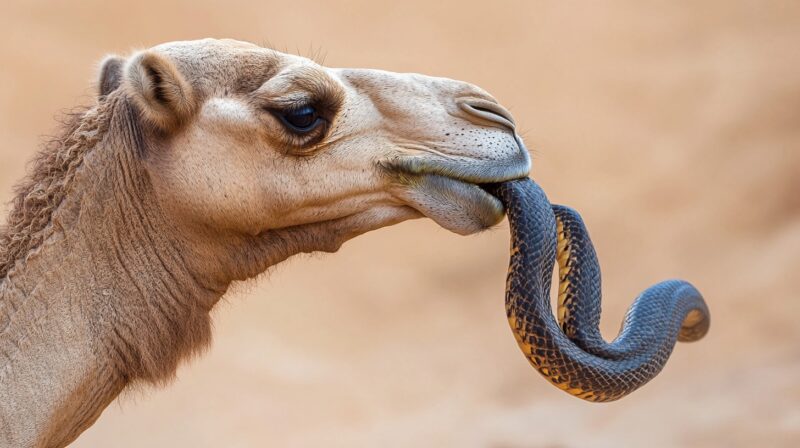 close-up of a camel's face with a snake in its mouth, highlighting the unusual interaction between the two animals