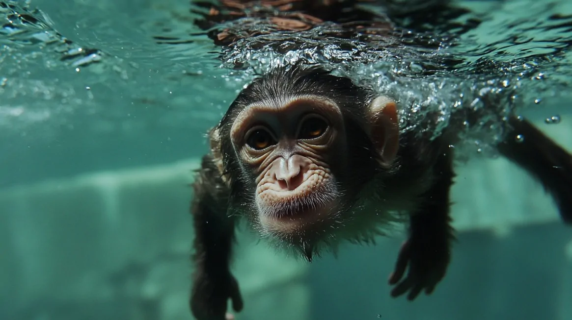 A young monkey swimming underwater with a focused expression