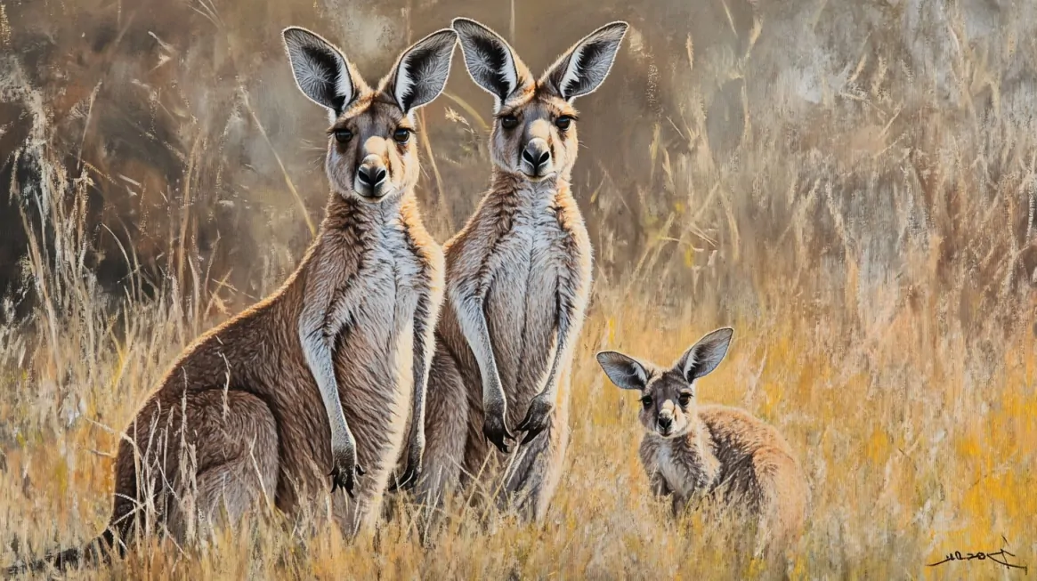 Illustration of two adult kangaroos and a joey in a grassy field, showcasing their natural habitat