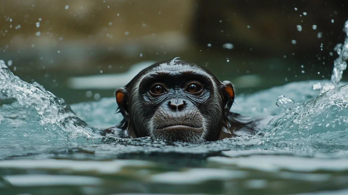 A chimpanzee swimming in water with splashes around its head
