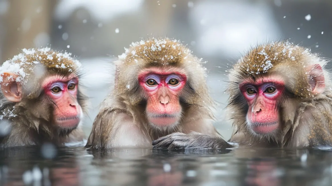 Three Japanese macaques sitting in a hot spring with snow on their fur