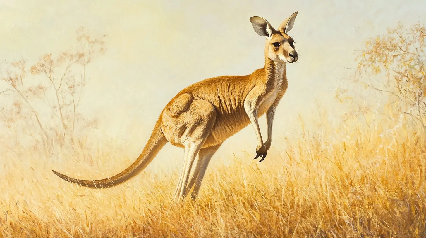 A realistic painting of a kangaroo standing in a golden grassland, with soft sunlight in the background