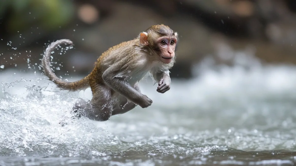 A young macaque running through shallow water with splashes around it