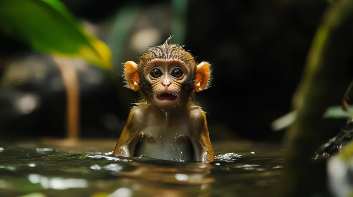 A young monkey standing in shallow water with a surprised expression