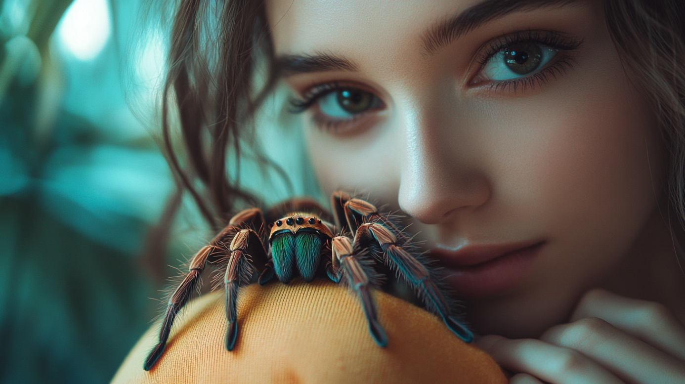 A Young Woman Closely Observing a Colorful Tarantula Resting on Her Hand
