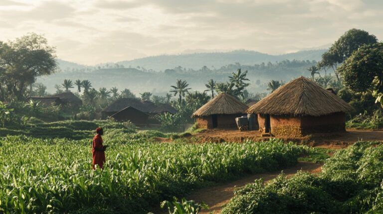 A scenic view of a lush green farm with traditional thatched-roof houses and a farmer in red standing among the crops, set against rolling hills and a misty sky