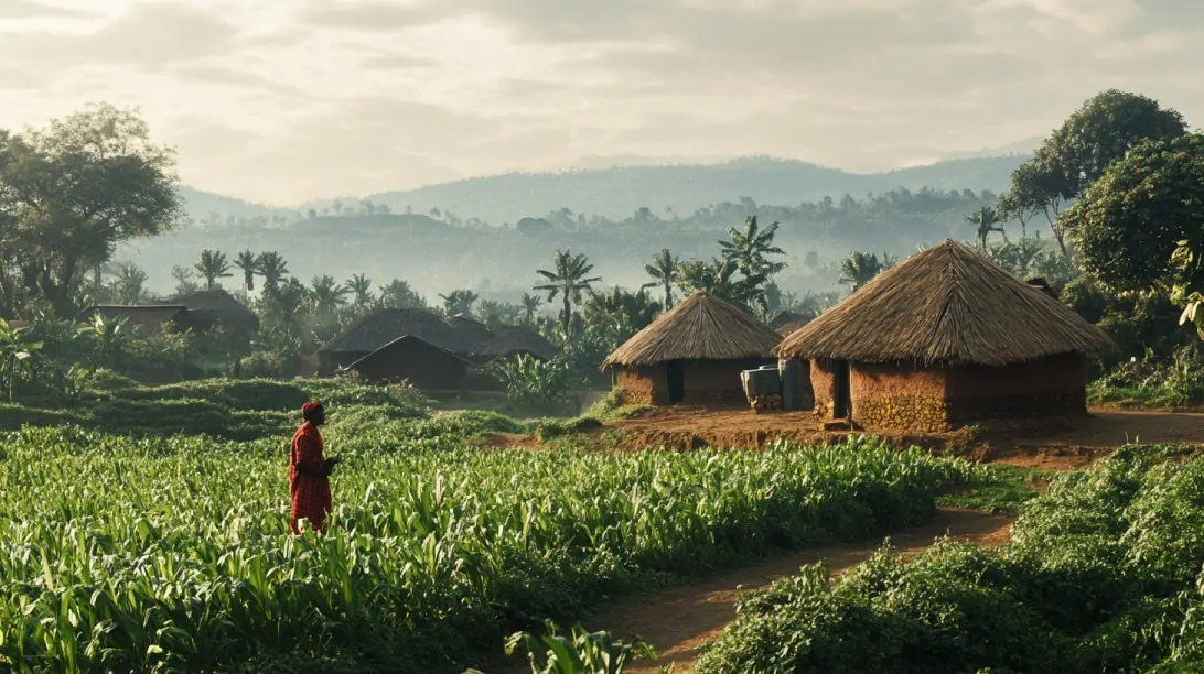 A scenic view of a lush green farm with traditional thatched-roof houses and a farmer in red standing among the crops, set against rolling hills and a misty sky