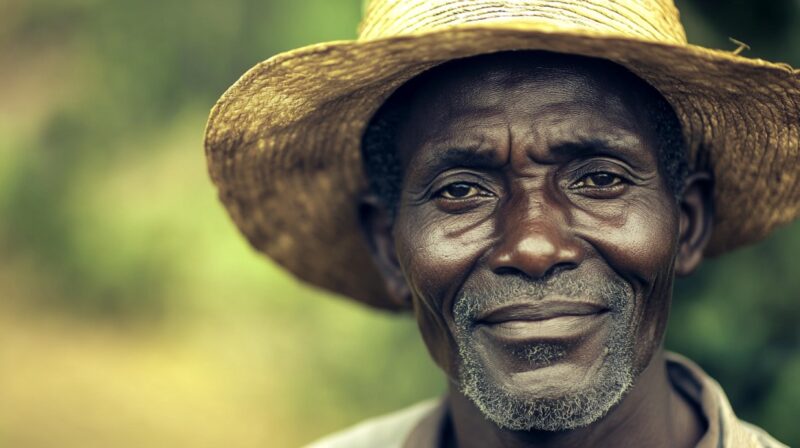 Portrait of an elderly farmer wearing a straw hat, with a calm expression and natural background