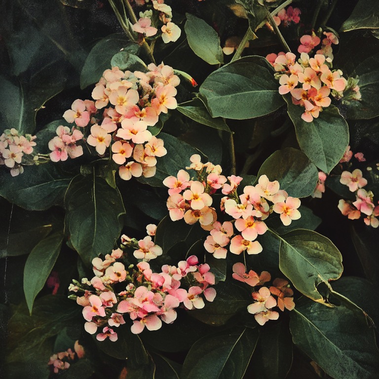 Clusters of small pink and yellow flowers of Lantana camara surrounded by broad green leaves