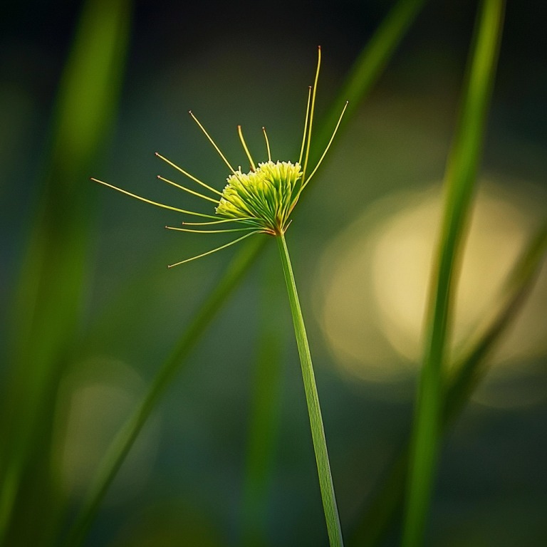 Close-up of a single nutsedge plant (Cyperus rotundus) with thin, needle-like leaves emerging from a central green tuft, softly lit in a natural setting