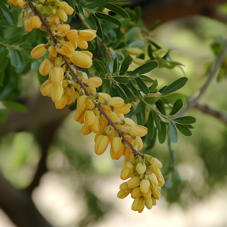 Close-up of a yellow flowering cluster of Prosopis species with compound green leaves in a natural outdoor setting
