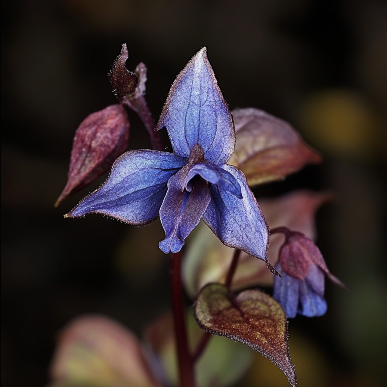 Close-up of a Wandering Jew (Commelina benghalensis) flower with deep violet-blue petals and soft, purplish-green leaves, captured against a dark blurred background