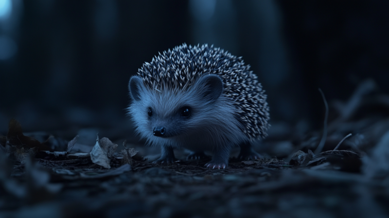 A desert hedgehog stands alert on the ground at night