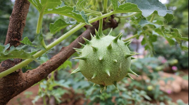 Close-up of a spiky green Nara melon (Acanthosicyos horridus) hanging from a vine