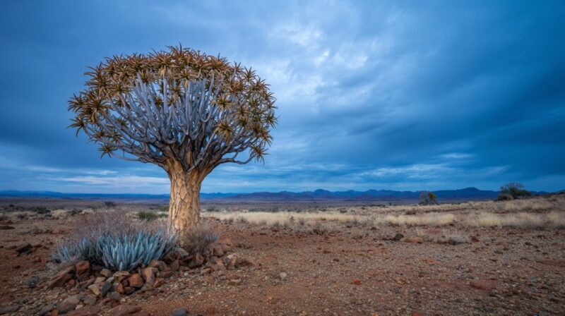 A lone quiver tree in a rocky Namibian desert landscape under a moody blue sky
