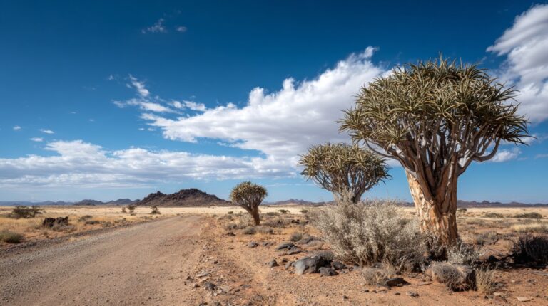 Scenic view of quiver trees in a dry Namibian desert landscape under a blue sky