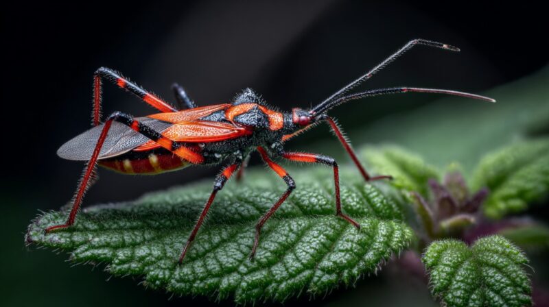 Close-up of an assassin bug with vivid red and black coloration on a green leaf