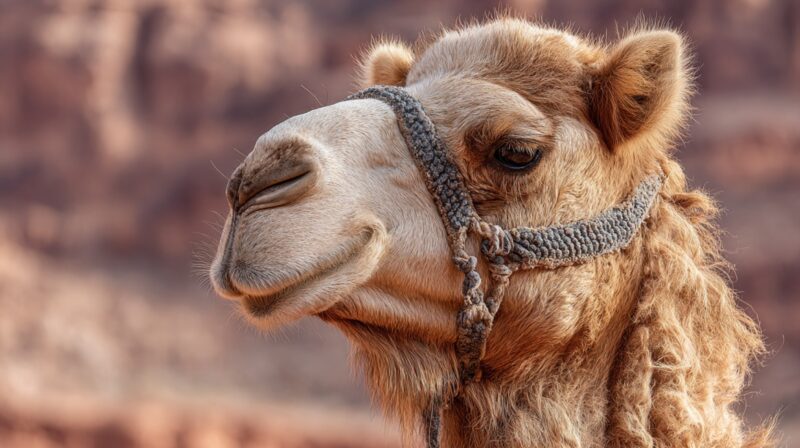 Close-up of a dromedary camel's head wearing a rope halter, with a rocky desert background