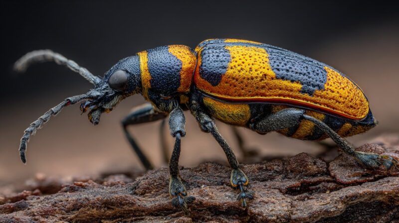 Close-up of a colorful blister beetle with black and yellow-orange patterns