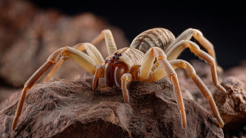 Close-up image of a camel spider (Solifugae) on rocky terrain