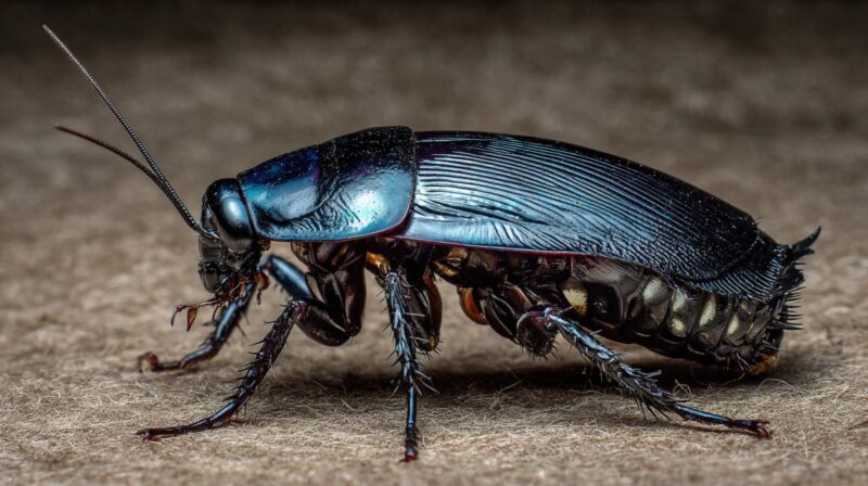 Close-up of a glossy black desert cockroach on a textured surface