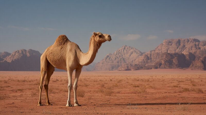 A single-humped dromedary camel standing in a vast desert with rocky mountains in the background