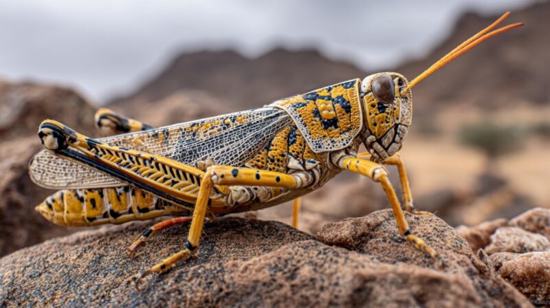 Close-up of a colorful desert locust perched on a rock in an arid landscape