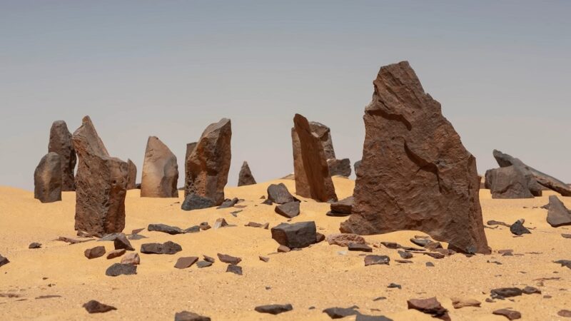 Upright stone formations forming circles in the Sahara Desert
