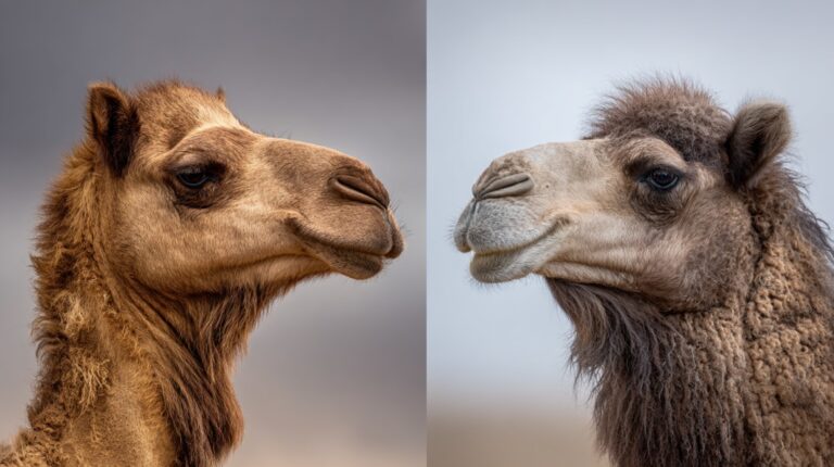 Close-up comparison of a dromedary camel and a Bactrian camel facing each other