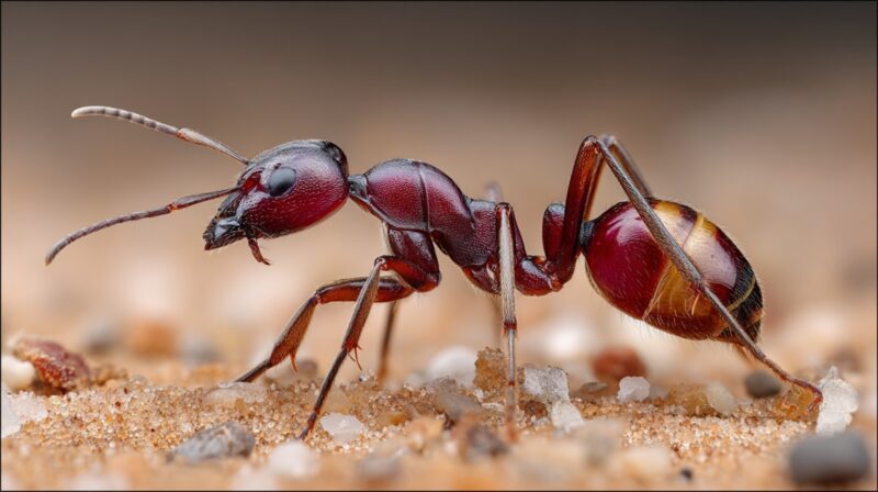 Macro image of a red dune ant walking on sandy terrain