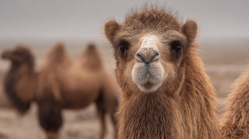 Close-up of a young Bactrian camel with a thick coat, with another two-humped camel blurred in the background