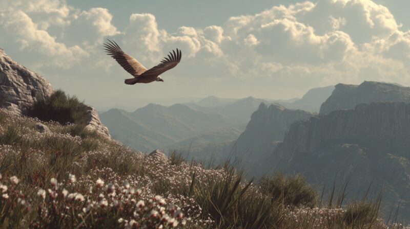 Large bird, likely a condor, flying over a mountainous landscape