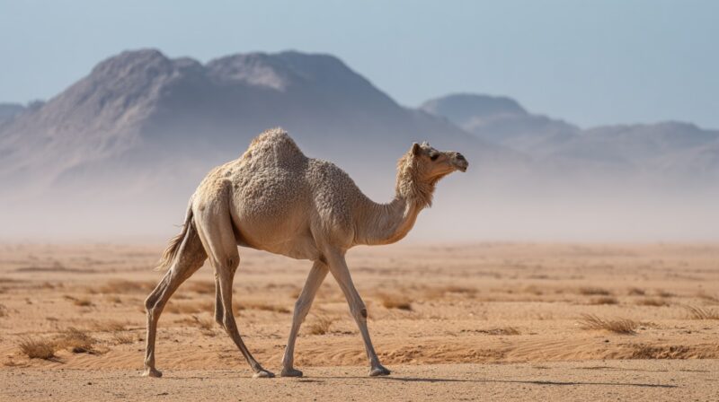 A one-humped dromedary camel walking in a dry desert landscape with distant mountains in the background