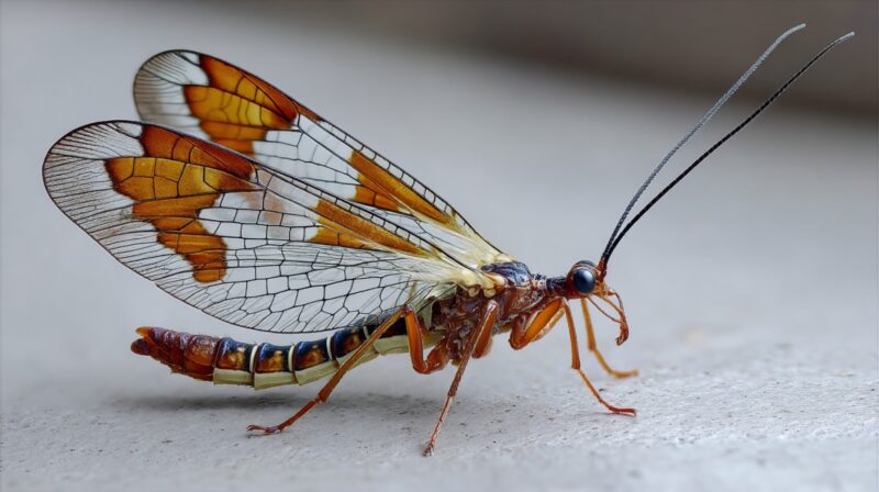 Close-up of a colorful scorpionfly with transparent, patterned wings and curled tail