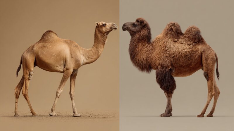 Side-by-side comparison of a dromedary camel with one hump and a Bactrian camel with two humps