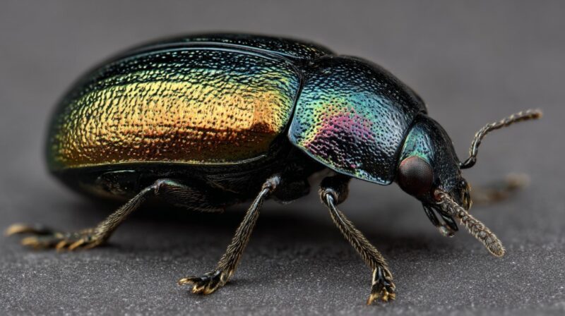 Close-up of a Toktokkie beetle with an iridescent, metallic shell