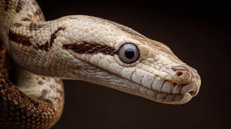 Close-up of an Arabian sand boa snake with pale tan and brown scales, featuring a blunt snout and large, cartoon-like round eyes