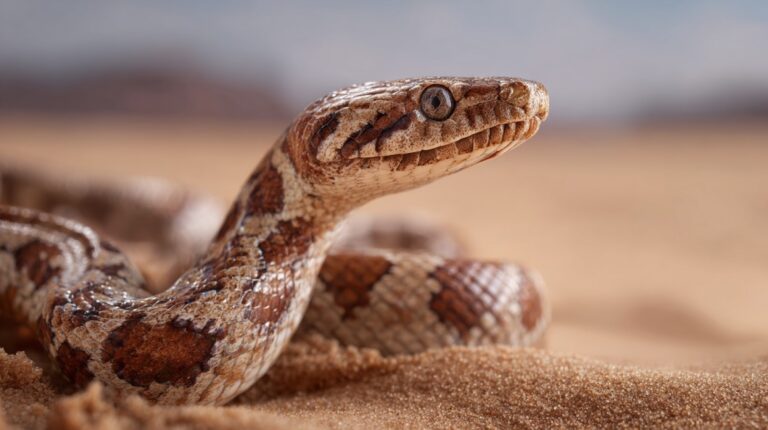 Close-up of an Arabian sand boa with sandy brown and beige patterned scales, blending into the desert sand