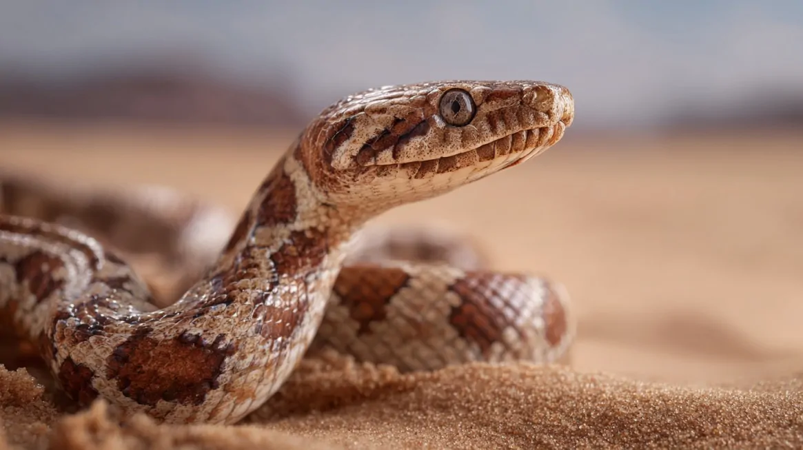 Close-up of an Arabian sand boa with sandy brown and beige patterned scales, blending into the desert sand