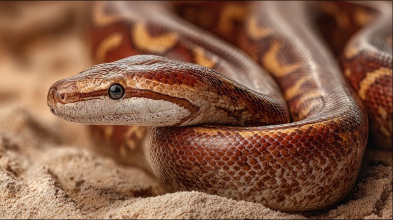 Close-up of an Arabian sand boa snake coiled in the sand, showing its reddish-brown patterned scales and small, blunt head