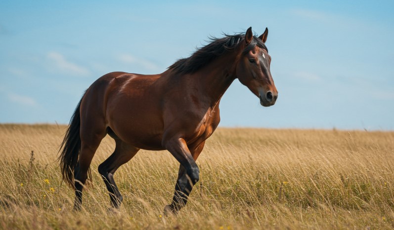 A brown horse gracefully strides across a golden field under a clear blue sky