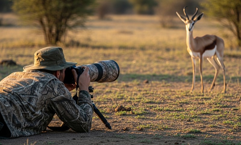 A man photographing an antelope in a natural setting, capturing the wildlife moment with his camera