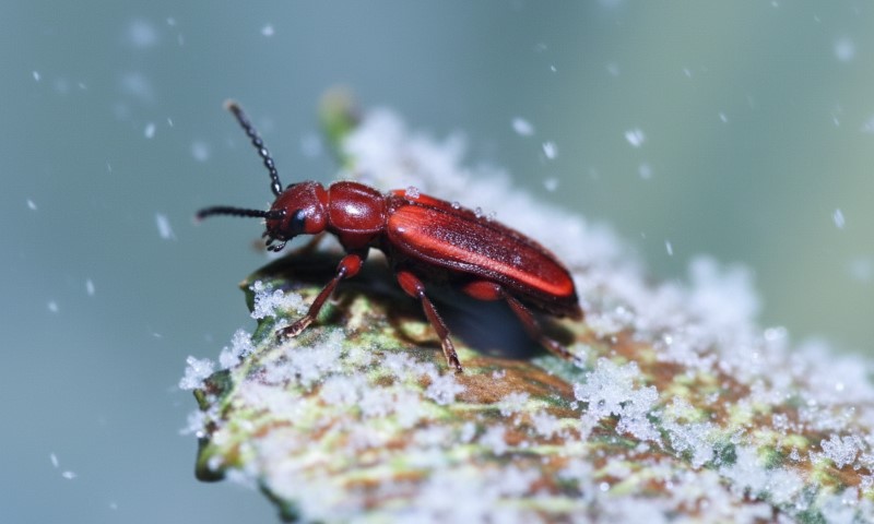 Macro shot of a small, glossy, red beetle perched on a frosty leaf while fine snow falls