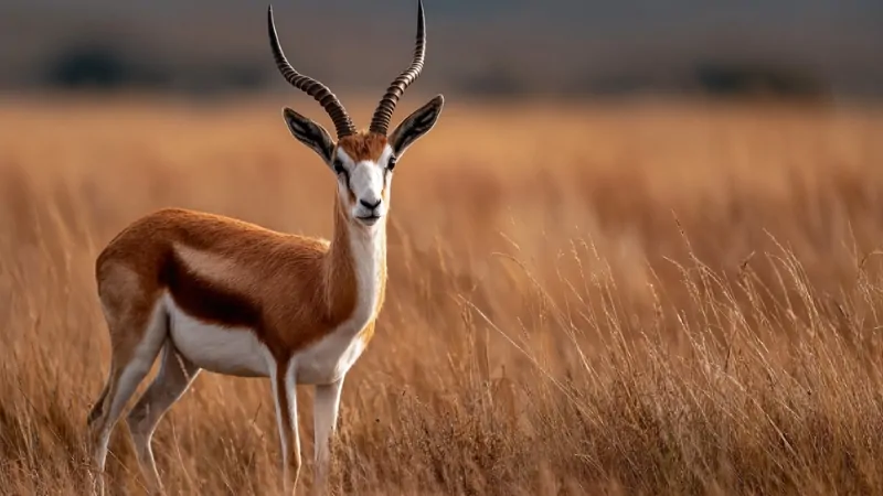 A gazelle stands alert in tall grass, shaped by evolution to escape fast predators