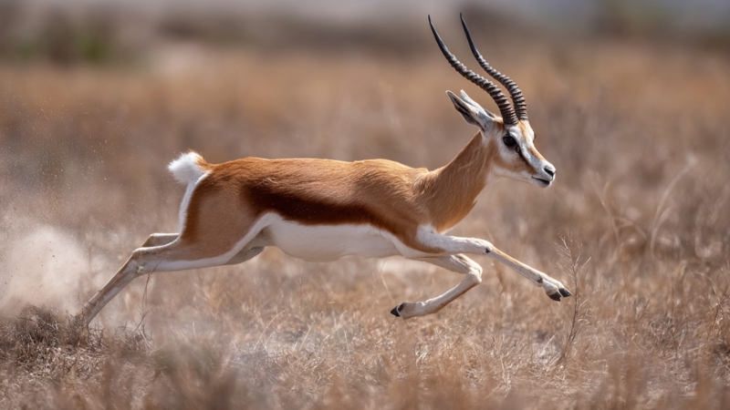 A gazelle sprints across dry grassland at incredible speed, showing why the question “how fast is a gazelle”