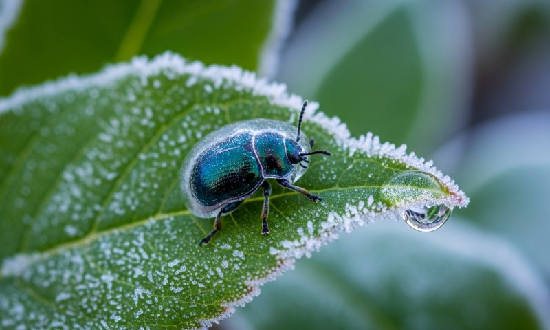 A beetle perched on a frost-covered leaf